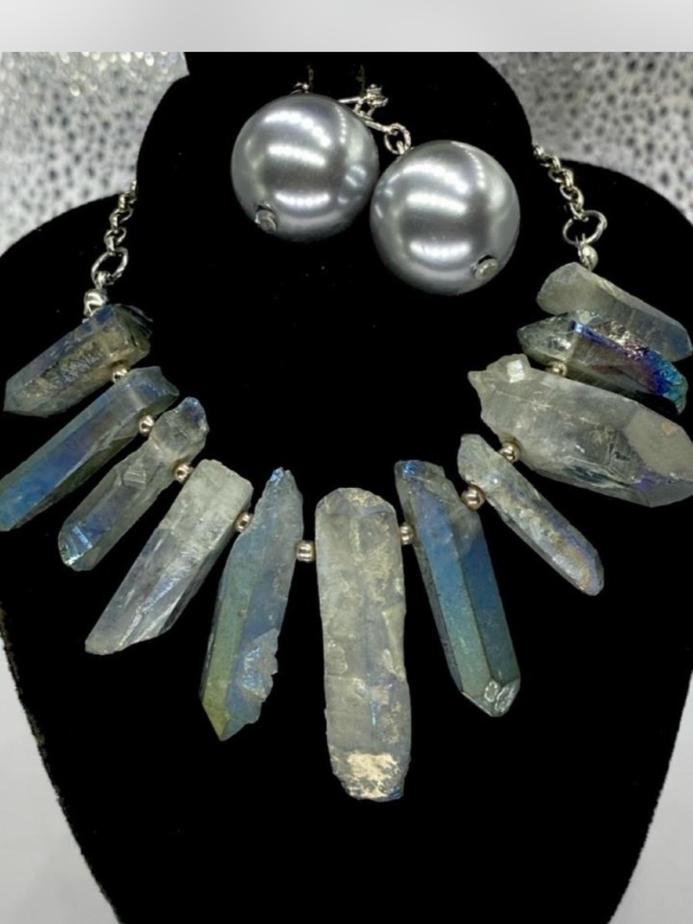Aura Iced Crystal Spike Statement Necklace / Pearl Earrings *** Positive Energy